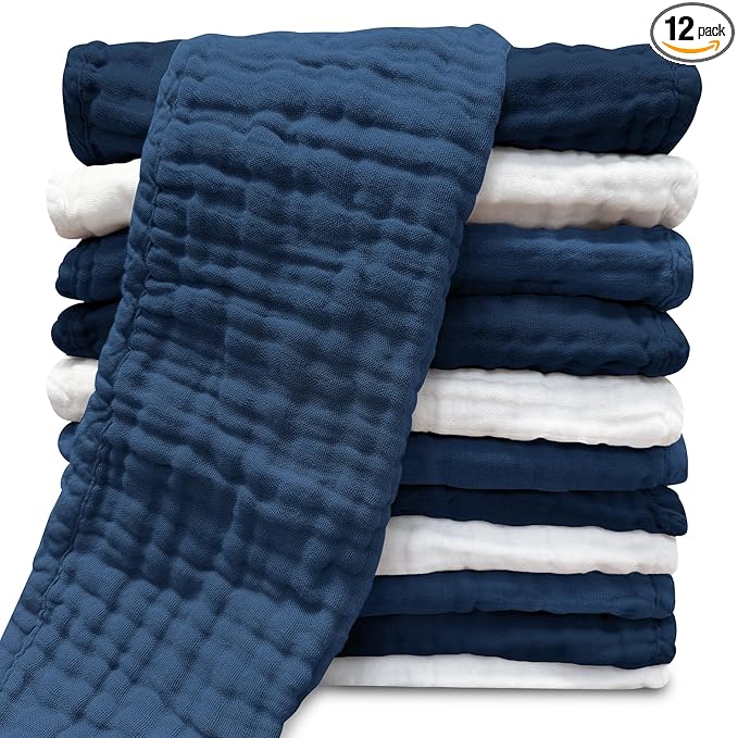 Muslin Burp Cloths for Baby 100% Cotton Burping Cloths for Unisex, Boy, Girl - Large 20'' by 10'' Newborn Essentials Ultra Soft Absorbent Milk Spit Up Rags - 12 Pack - White+Deep Navy Series