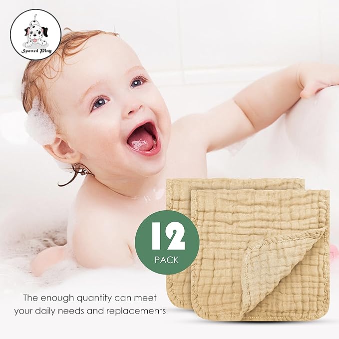 Spotted Play Muslin Burp Cloths 100% Cotton Large 20''x10'' Extra Soft and Absorbent Baby Wash Cloths Spit Up Rags - Baby Burping Cloth for Boys Girls Items(12 Pack Brown)