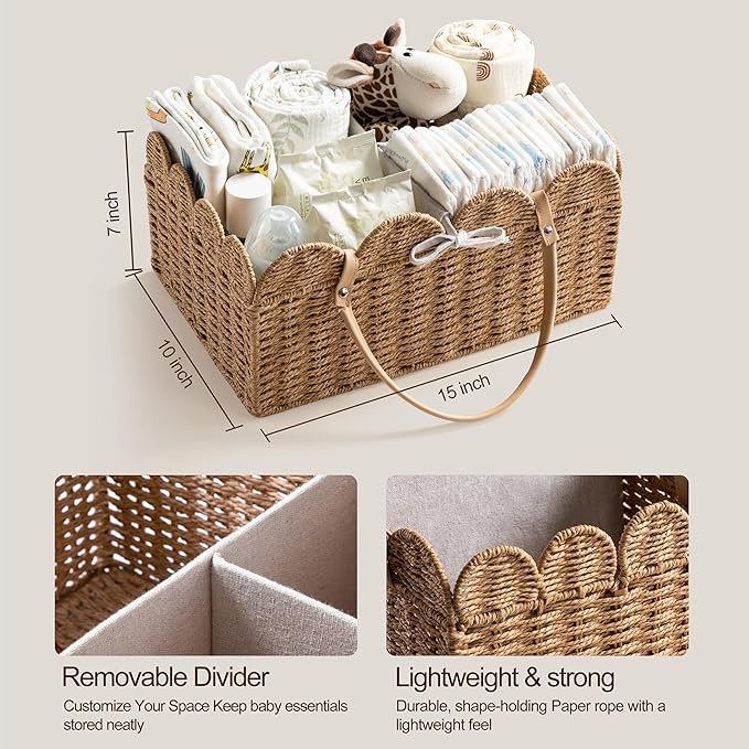 HBlife Large Baby Diaper Caddy, Paper Rope Scalloped Storage Baskets Nursery Bin with Removable Divider, Portable Car Organizer for Diapers, Baby Shower Gifts, Newborn Essentials Must Haves, Brown