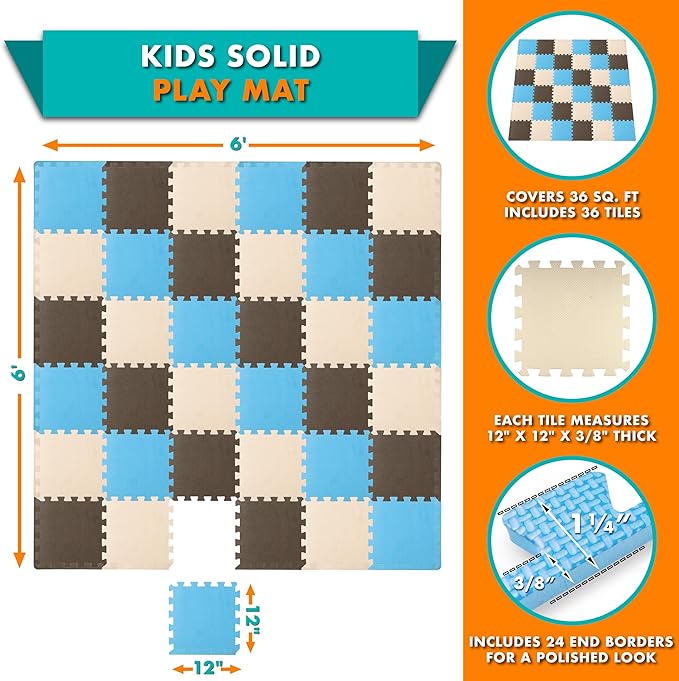 ProSource Foam Puzzle Floor Play Mat for Kids and Babies with Solid Colors, 36 or 16 Interlocking Tiles with Borders, Blue/Brown/Beige