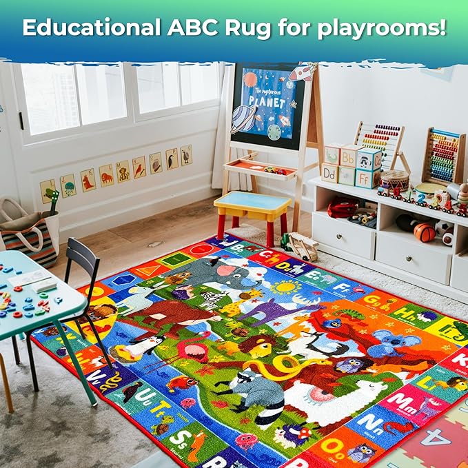 QUOKKA Classroom Rug for Kids - 79x60 ABC Rugs for Playroom - Alphabet Learning Area Rug for Bedroom - Ocean Toddler Rug for Boys and Girls - Carpet for Kids Room