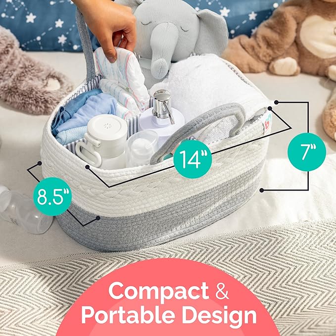Babynma Rope Diaper Caddy - Storage for Baby and Toddler Items - Portable Cotton Organizer Easily Holds Diapers, Wipes, Clothing - Useful for Nursery, Bedroom (Gray, Regular)