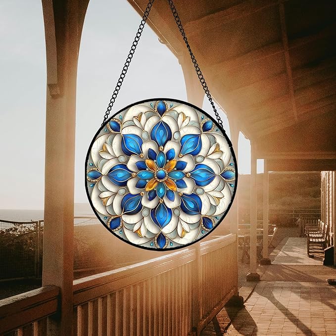 JOSUMALY Stained Glass Window Hanging - Blue and White Abstract Flowers Suncatcher for Door Terrace Garden Home Decor, Gold Sun Catcher Birthday Gifts for Lovers Women Men Dad Mom Nana 6.3 in
