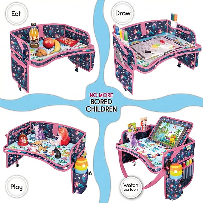 Kids Travel Tray - Waterproof Lap Table with No-Drop Large Tablet Holder - Car Seat Tray - Road Trip Essentials Kids - Car Desk Organizer for Airplane - Toddler Travel Essentials(MERMAID)