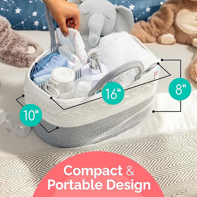 Babynma Rope Diaper Caddy - Storage for Baby and Toddler Items - Portable Cotton Organizer Easily Holds Diapers, Wipes, Clothing - Useful for Nursery, Bedroom (Gray, Extra Large)