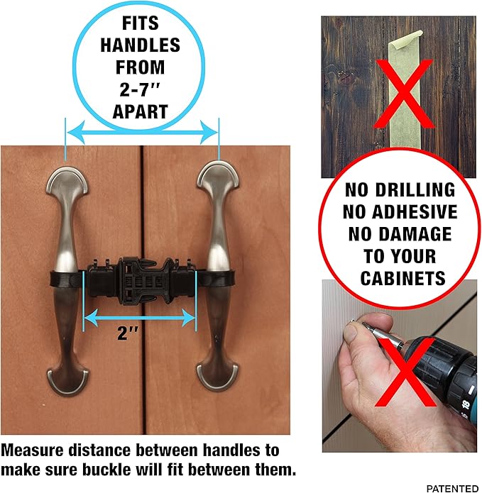 Baby Safety Cabinet Locks for Handles Child Safety Cabinet Latches for Home Safety Strap for Baby Proofing Cabinets Kitchen Door RV No Drill No Screw No Adhesive /4 Pack (Black)