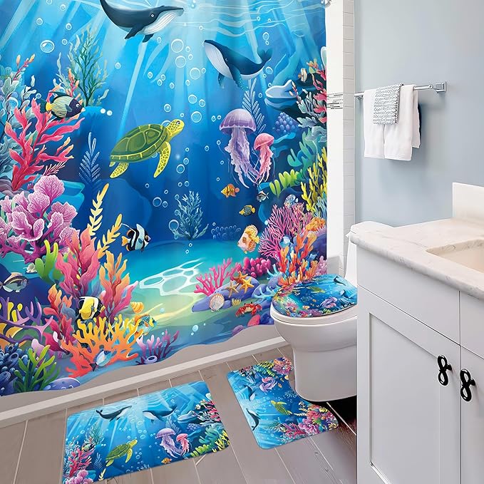 4 PCS Ocean Beach Shower Curtain Set 72Wx72H Sea Whale Turtle Nautical Bathroom Set Non-Slip Bath Rug Toilet Lid Cover U Shape Mat Complete Bathtub Accessories with 12 Hooks Bathroom Decor