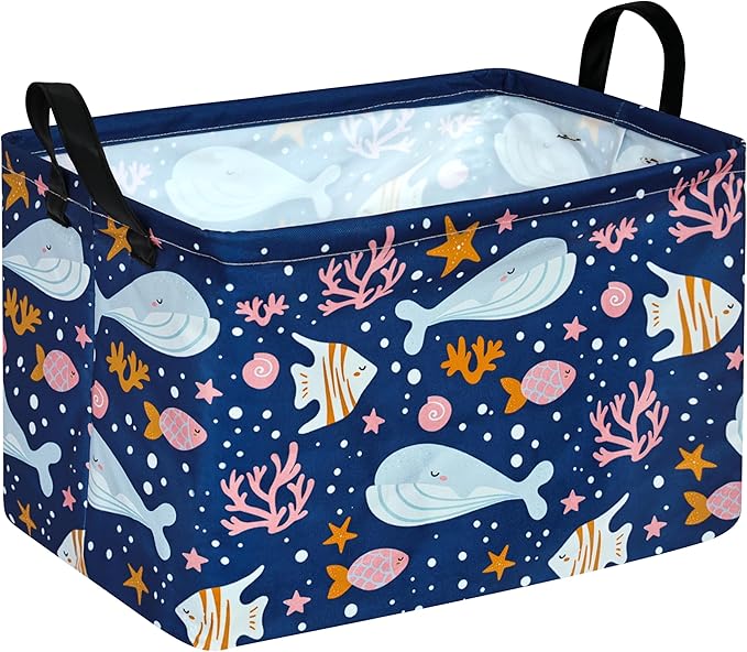 DUYIY Rectangle Gift Storage Basket Home Shelf Storage Basket Organizer Box Clothes Laundry Hamper Nursery Basket Laundry Basket with Handles (Whale)