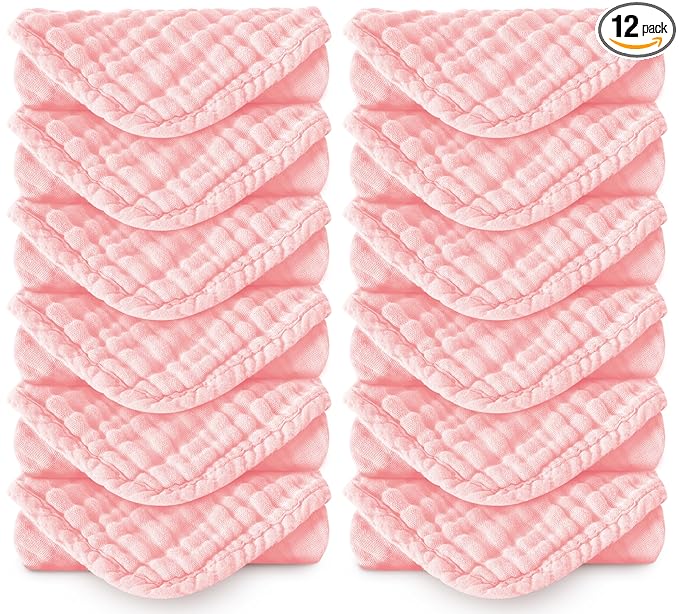 Spotted Play Muslin Burp Cloths 100% Cotton Large 20''x10'' Extra Soft and Absorbent Baby Wash Cloths Spit Up Rags - Baby Burping Cloth for Boys Girls Items(12 Pack Pink)