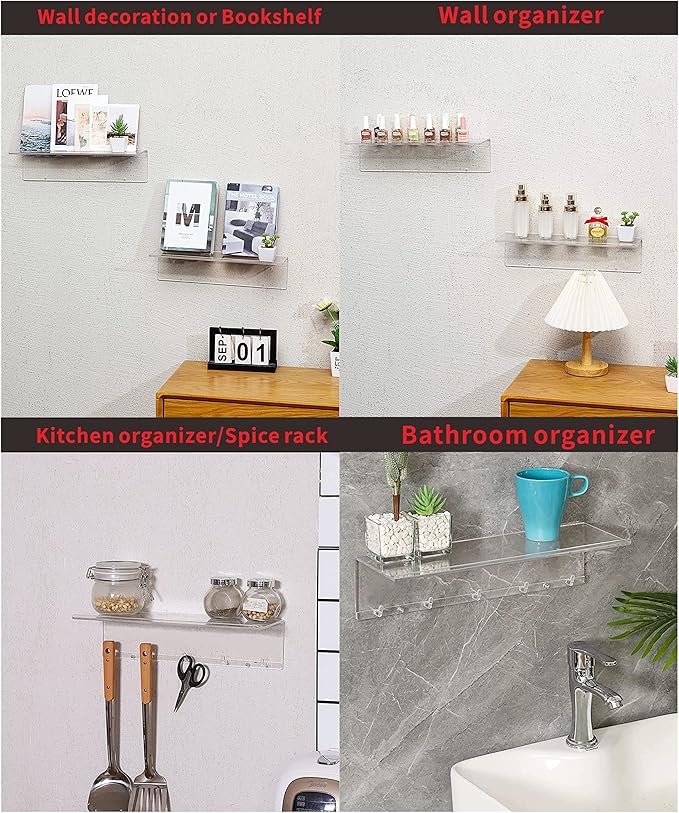 CY craft 15.8 inch Acrylic Invisible Floating Bookshelf for Kids Room,Funko Pop/Mini Figures/Lego Toy Storage Rack Bathroom Makeup Shelf Organizer Key Hangers for Wall Decor Entryway with Hooks
