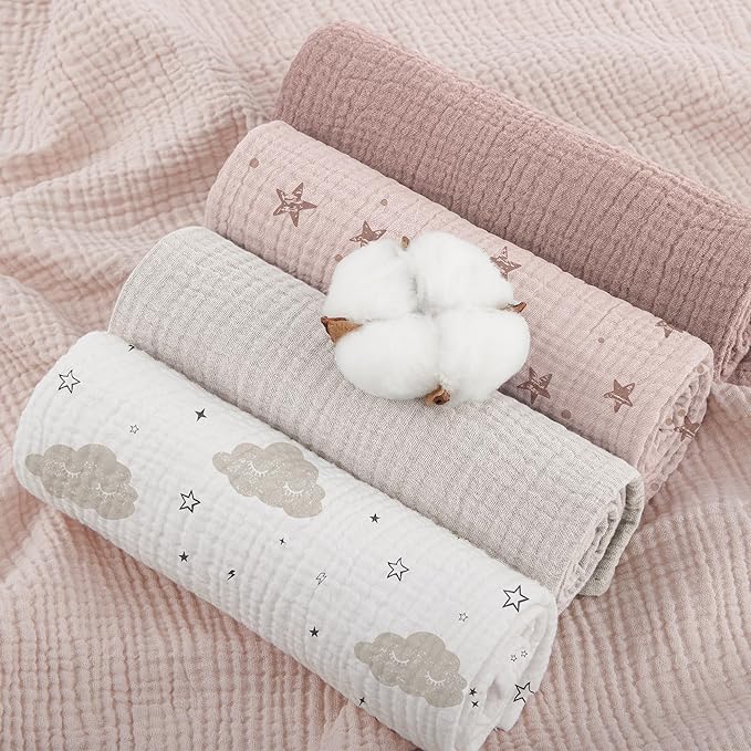 Susurration Muslin Burp Cloths Baby Washcloths 100% Cotton Burp Cloths Baby Girl 5 Pack, Absorbent and Soft Cloth Diapers 23.6 * 23.6 inch, Baby Girl Newborn Essentials-Pink Star