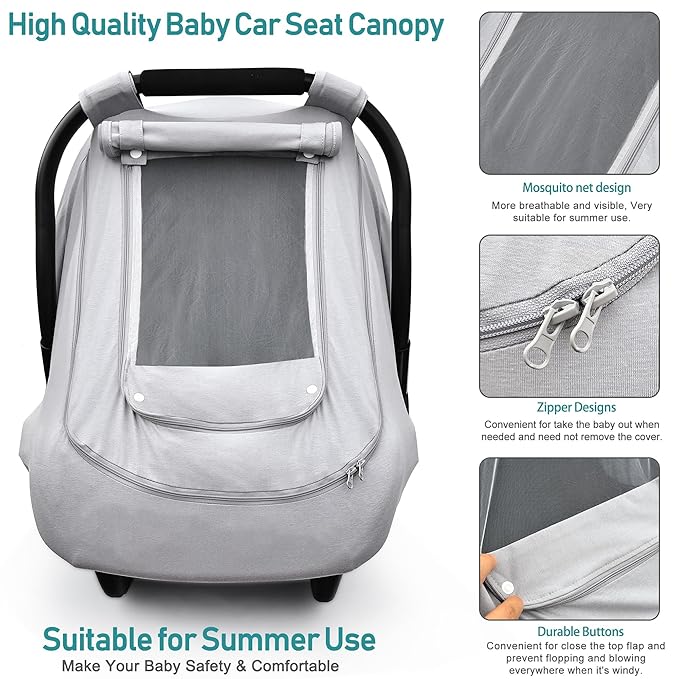 Baby Car Seat Cover for Summer/Spring,100% Organic Cotton Carseat Cover for Babies,Infant Car Seat Cover Canopy for Boys& Girls, Lightweight & Breathable (Gray)