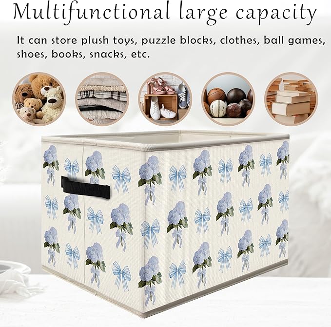 FDHSPAAM Coquette Blue Bow Hydrangea Floral Storage Bins Box with Handles, Cottagecore Floral Collapsible Fabric Storage Basket Box Organizer for Girls Nursery Bedroom Bathroom Clothes Toys Books
