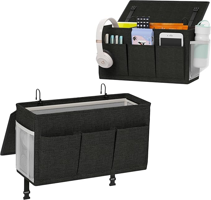 Edudif Dual-purpose Bedside Caddy Bedside Organizer, Bed Caddy with 6 Pockets, Versatile Bedside Storage Solution Magazine Remotes holder, ideal for Home, Dorm, Hospital, Crib Bed (Black 2 pcs)