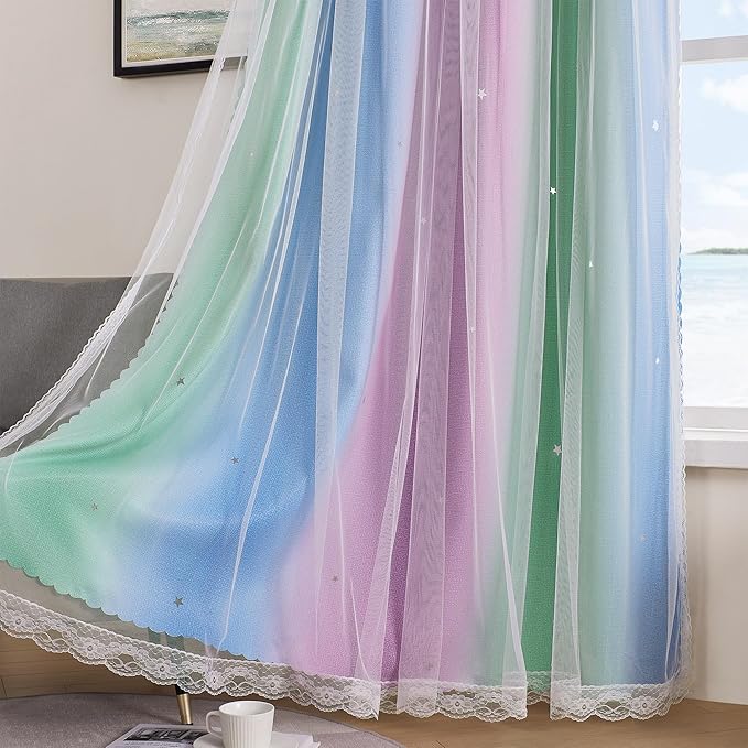 XiDi Curtains for Bedroom Decor, Rainbow Green PurpleBlue52/54/1