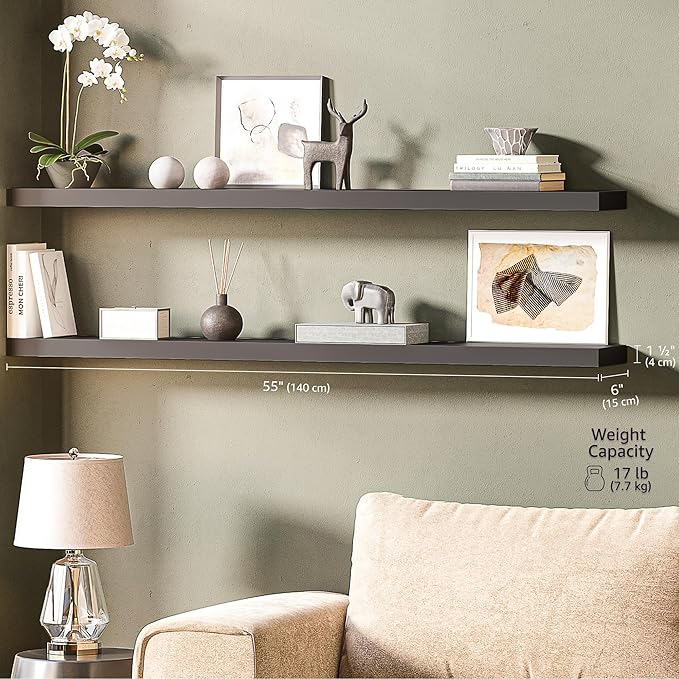 Ballucci Floating Shelves for Wall, 55 inch 2-Tier Black Shelf, Invisible Brackets, Wood Wall Shelf for Living Room, Bedroom, Kitchen Organizer, Clearing Clutter