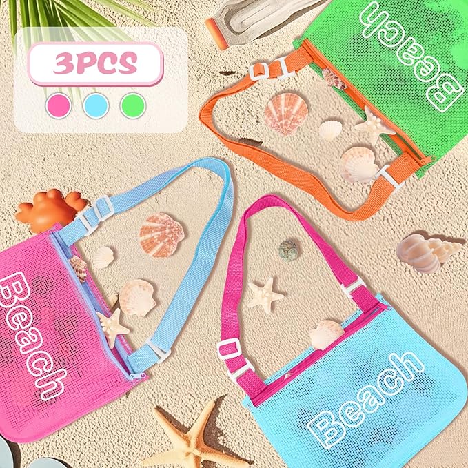 Iqimott 3Pcs Kids Letter Beach Shell Bag, Seashell Mesh Zipper Beach Pouch, Shell Collecting Bag for Holding Shells