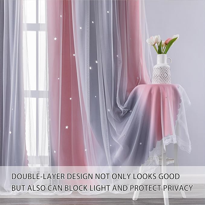 XiDi Dream Star Blackout Curtains for Kids Rooms Girl Princess Curtain for Daughter Bedroom Window (Pink Grey, W52 X L96)