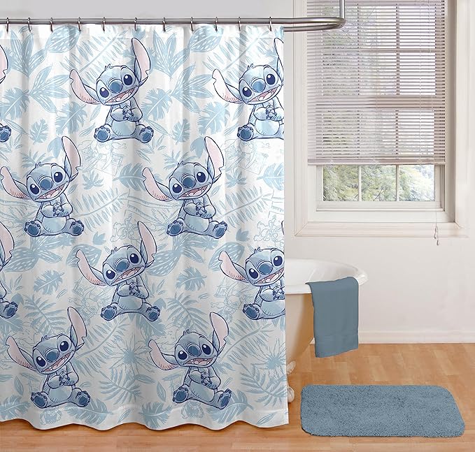 Jay Franco Shower Curtains Disney Lilo & Stitch Sunglasses & Surf Kids Fabric Shower Curtain, Featuring Stitch, 70 x 72 inches, Hooks and Rod not Included