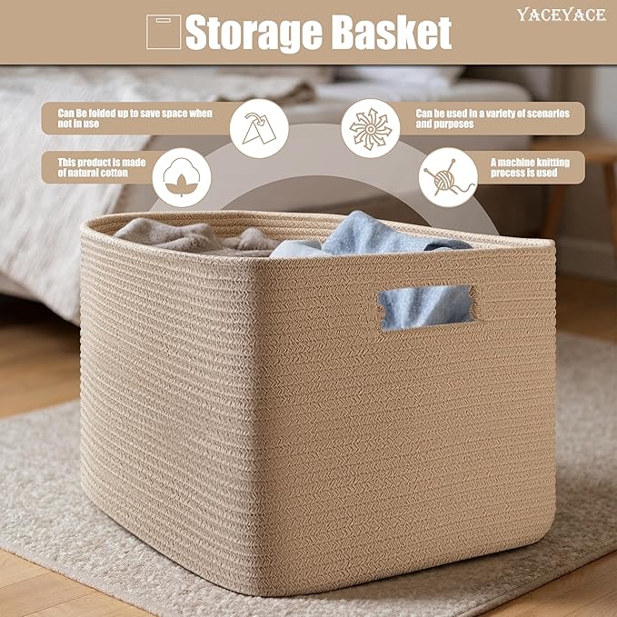 Large Basket with Handles, Woven Cotton Bin for Toy Collection, Organzing, Large Blanket Basket for Living Room, Nursery, 22"x17"x12"