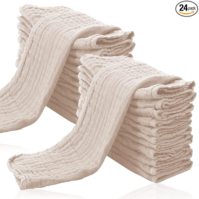 Cute Castle 24 Pack Muslin Burp Cloths for Baby - Ultra-Soft 100% Cotton Baby Washcloths - Large 20'' by 10'' Super Absorbent Milk Spit Up Rags - Burpy Cloths for Unisex, Boy, Girl - Brown