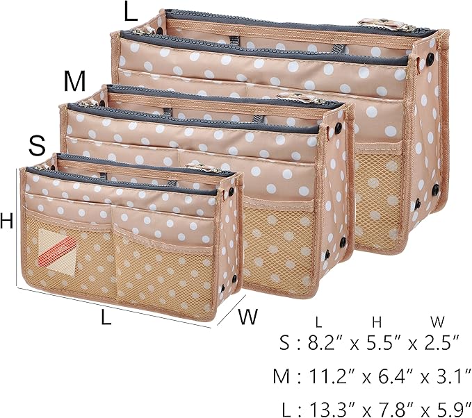 Vercord Updated Purse Handbag Organizer Insert Liner Bag in Bag 13 Pockets Beige Dot Small