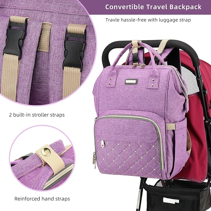 GAIVP Diaper Bag Backpack, Diaper Bags for Baby Girls Boys, Baby Bags for Moms Dads, Nappy Changing Bag with Insulated Pockets,Multi-functional Waterproof Backpack with Stroller straps-Purple