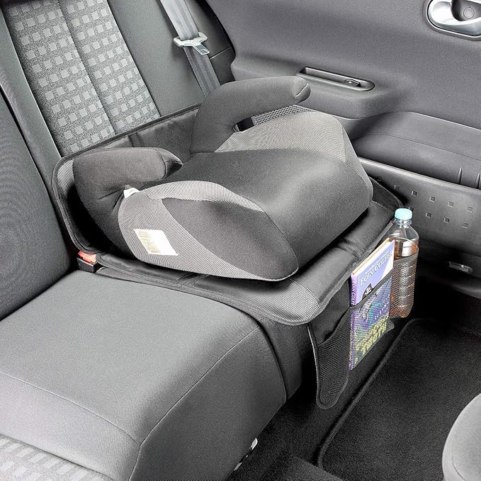 Car Seat Protector - Seat Protection Mat - Thick Padding - Durable, Waterproof Fabric, Leather Reinforced Corners & 3 Pockets for Handy Storage Gray