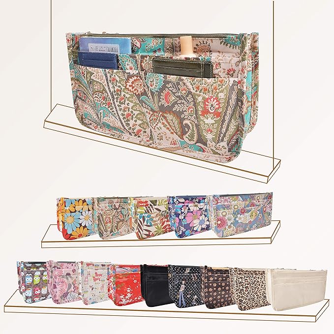 Vercord Patterned Purse Handbag Tote Pocketbook Bag Organizer Insert with Zipper Handle for Women Medium Peacock Flower