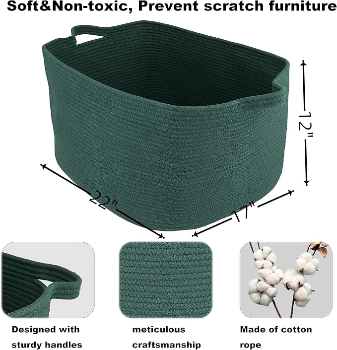 Large Rectangle Blankets Basket Living Room 22"x17"x12" Woven Cotton Rope Storage Basket for Nursery Toy Baskets for Kids and Dogs Wicker Laundry Baskets Bin for Clothes Towels dark green