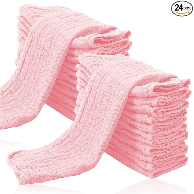 Cute Castle 24 Pack Muslin Burp Cloths for Baby - Ultra-Soft 100% Cotton Baby Washcloths - Large 20'' by 10'' Super Absorbent Milk Spit Up Rags - Burpy Cloths for Unisex, Boy, Girl - Pink