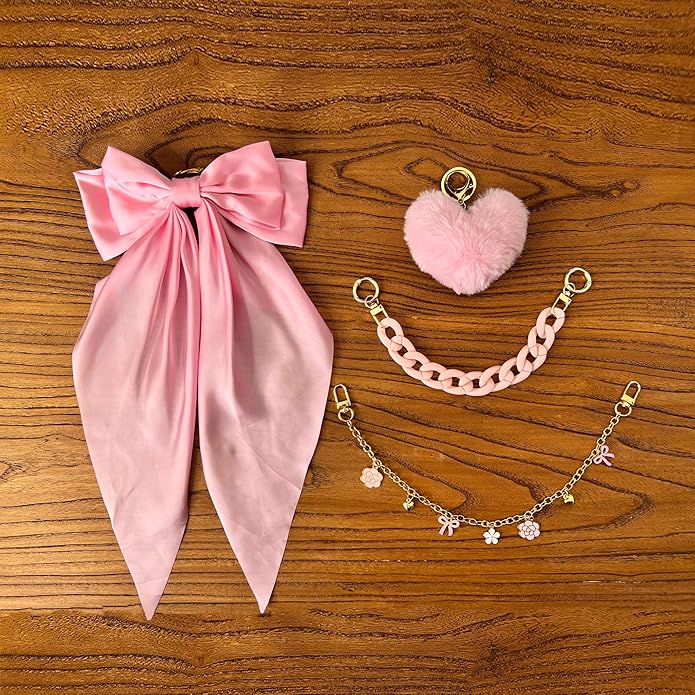 CuddleJunk Bag Charms for Tote Bags, Satin Bow Keychain Kit Accessories for Yeti Camino, Fluffy Ball Gold Chains Charms for Women Purse Beach Handbag