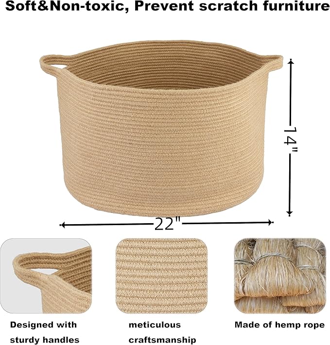 XUANGUO Large Jute Rope Storage Basket Blankets Basket Living Room 22"x12" Toy Baskets for Kids and Dogs Woven Laundry Baskets for Clothes Towels Baby Toy Storage