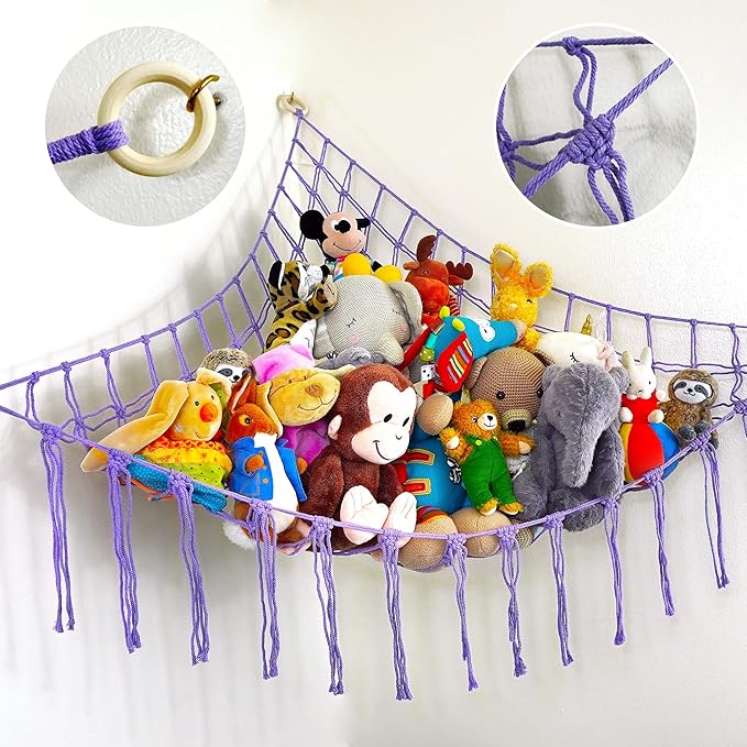 ABBY BABY Large Stuffed Animal Hammock Corner - Stuffed Animal Storage - 100% Natural Cotton Macrame Stuffed Animal Net - Stuff Animal Organizer - Net For Stuffed Animals Corner Large - Purple