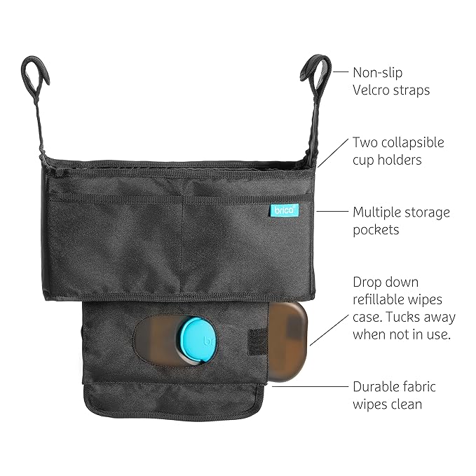 Munchkin® Brica® Stroller Organizer Bag - Universal Fit with Cup Holders and Wipes Case, Fits UPPAbaby, Evenflo, BabyTrend and More, Black (Pack of 4)
