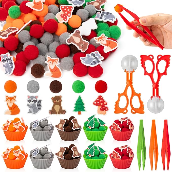 EZdhuawuse Woodland Animals Sensory Bin Fillers - Valentine's Day Gift 266Pcs Sping Animals Fine Motor Toys Sorting Stacking Toys for Kids, Felt Fox Bear Pom Poms Cup Clip for Preschool Education