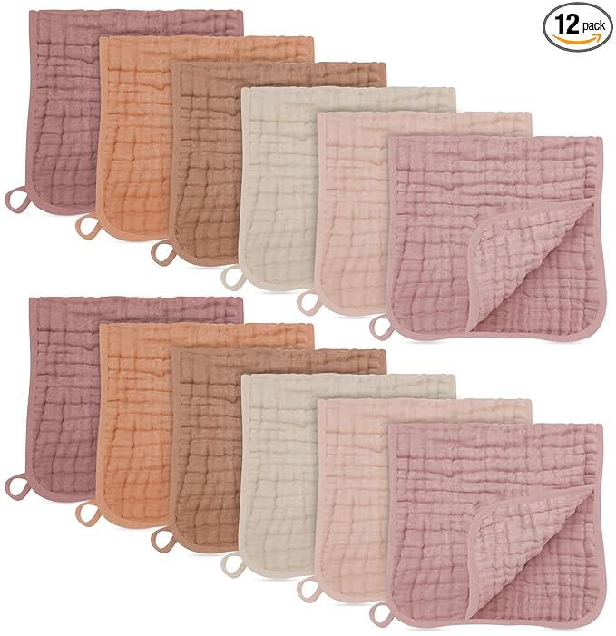 SWEET DOLPHIN 12 Pack Muslin Burp Cloths Large 100% Cotton Burping Clothes for Baby Drool - Absorbent and Soft Boys & Girls Milk Spit Up Rags for Newborn Essentials Registry - Neutral Retro