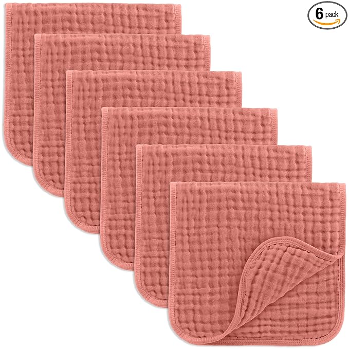 Comfy Cubs Muslin Burp Cloths 20" x 10", Pack of 6 - Large, 6-Layer, Ultra Absorbent 100% Cotton for Baby Drool and Messes - Soft, Safe & Gentle Baby Burp Cloths Set for Boys & Girls - Dusty Rose