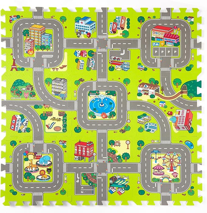 PLAY 10 Baby Play Mats for Floor, Foam Play Mat, Interlocking Foam Tiles City Road Track Puzzle Mat 9 Pieces