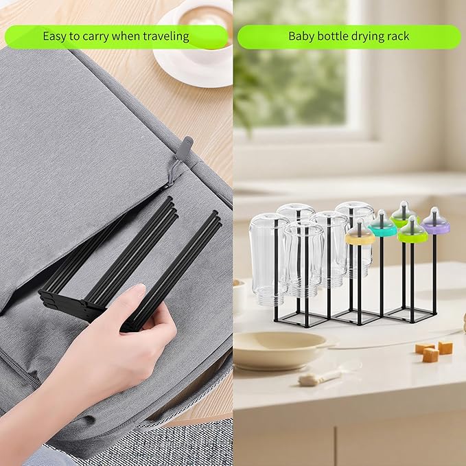 LAEMYFYRE Collapsible Bottle Drying Rack, Foldable Baby Bottle Drying Rack, Portable Drainer Stand Holder for Water Bottles, Cup, Reusable Silicone Bag, Cutting Board (Black)