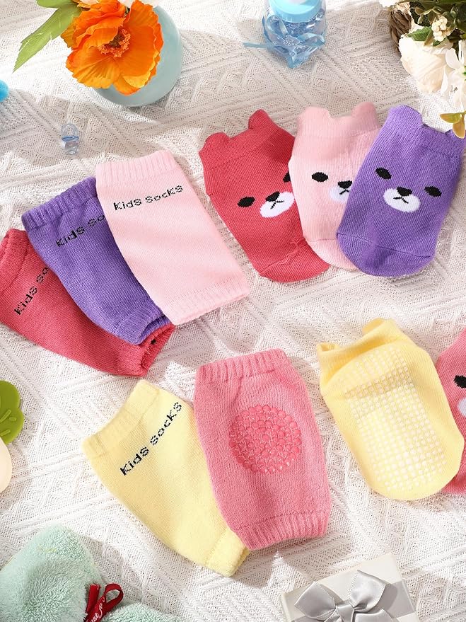 10 Pairs Baby Crawling Anti Slip Knee Pads and Anti Slip Baby Socks Set Unisex Toddler Knee Protectors Non Slip Ankle Socks