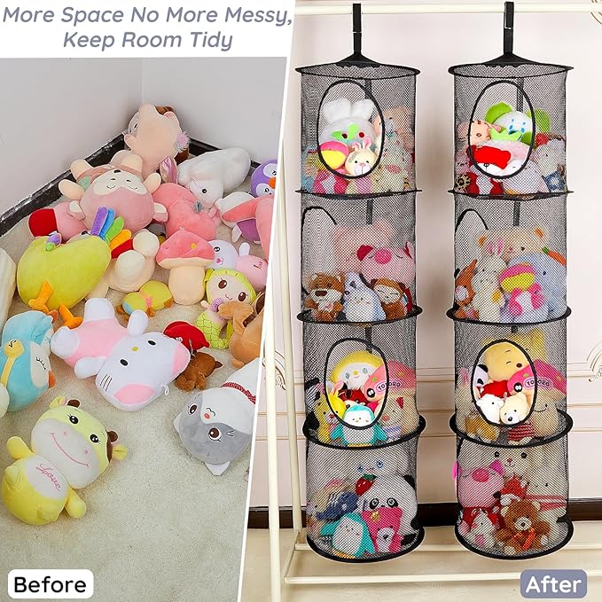 Basumee Stuffed Animals Net or Hammock 2 Pcs Stuffed Animals Storage Toy Net Hammock for Plushies Storage Organizer Mesh Kids Girls Room Decor, Black, 4 Tiers