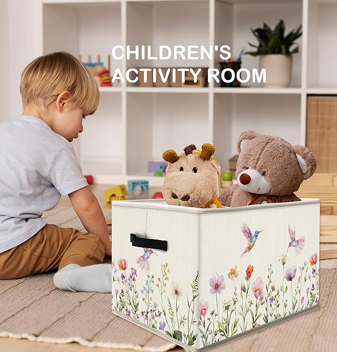 FDHSPAAM Rustic Wildflower Hummingbird Storage Bins Box with Handles, Cottagecore Botanical Floral Bird Collapsible Fabric Storage Basket Box Organizer for Bedroom Bathroom Clothes Toys Books