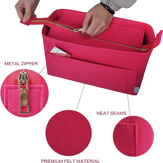 Vercord Felt Zipper Handbag Tote Purse Duffel Backpack Organizer Insert Rose Medium