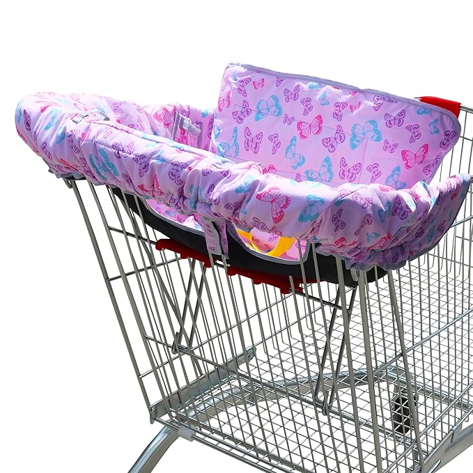 2-in-1 Shopping Cart and High Chair Cover-Grocery Cart Cover for Babies Toddlers Infants Resturant Highchair Cover-Padded Folds to Portable Pouch for Baby Boy Girl (Butterfly)