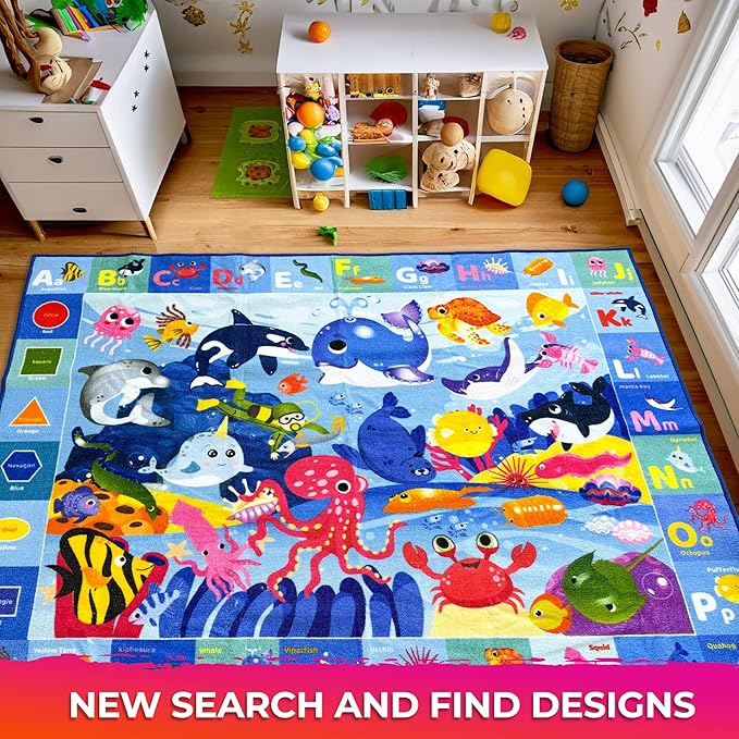 QUOKKA Small Classroom Ocean Rug for Kids - 60x41 ABC Rugs for Playroom - Bedroom Alphabet Learning Area Rug - Ocean Toddler Rugs Boys and Girls - Kids Room Carpet