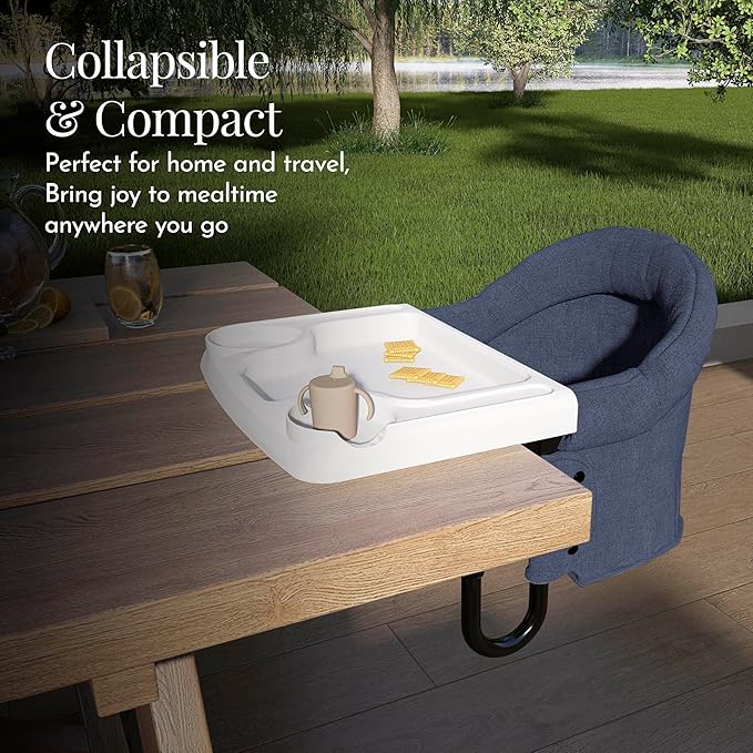 Evolur Clamp-On Comfort Table Chair, Portable Clip-On High Chair for Babies & Toddlers (6–36 Months), Removable Washable Seat Cover, Dishwasher-Safe Tray, Foldable Design with Carry Bag – Navy