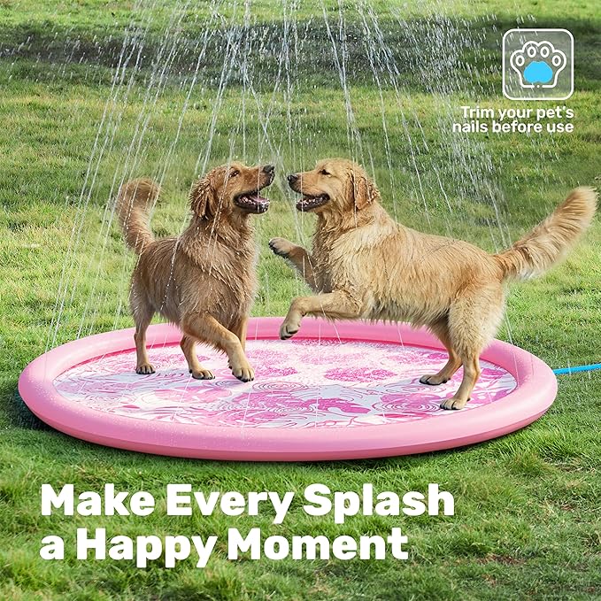 SLOOSH Splash Pad Sprinkler Mat - 6ft Tropical Leaves Outdoor Water Play Toys for Kids Dogs, Backyard Party in Summer Decor Outside Water Games Fountain Pool Children Boys Girls Toddlers Baby (Pink)