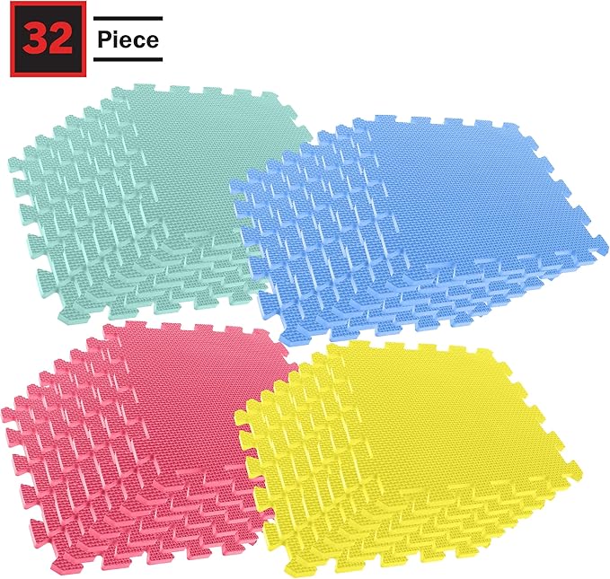 Interlocking Floor Mats - 32-Piece Nontoxic Exercise Mat or Play Mat for Toddlers, Babies or Kids - Foam Padding for Home Gym by Stalwart (Multicolor)