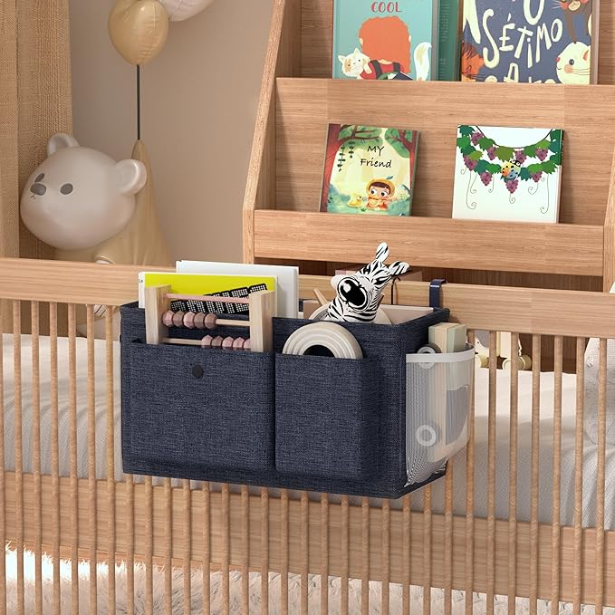 Edudif Bedside Caddy Bedside Organizer with Fixed Straps & Water Bottle Holder, Bunk Bed Caddy ideal for Home, Dorm, Hospital, Crib, Versatile Bedside Storage Solution (Navy 2pcs)